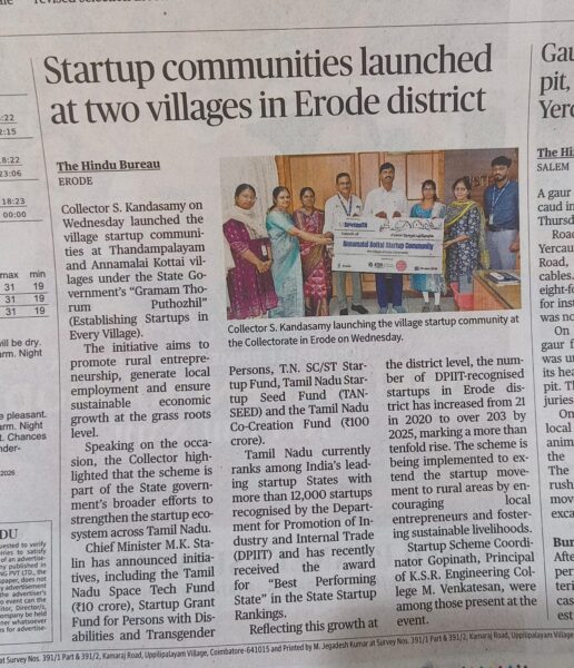 Startup Communities Launched in Two Villages of Erode District